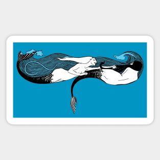 Two mermaids playing and chasing each other in foamy waves. Sticker